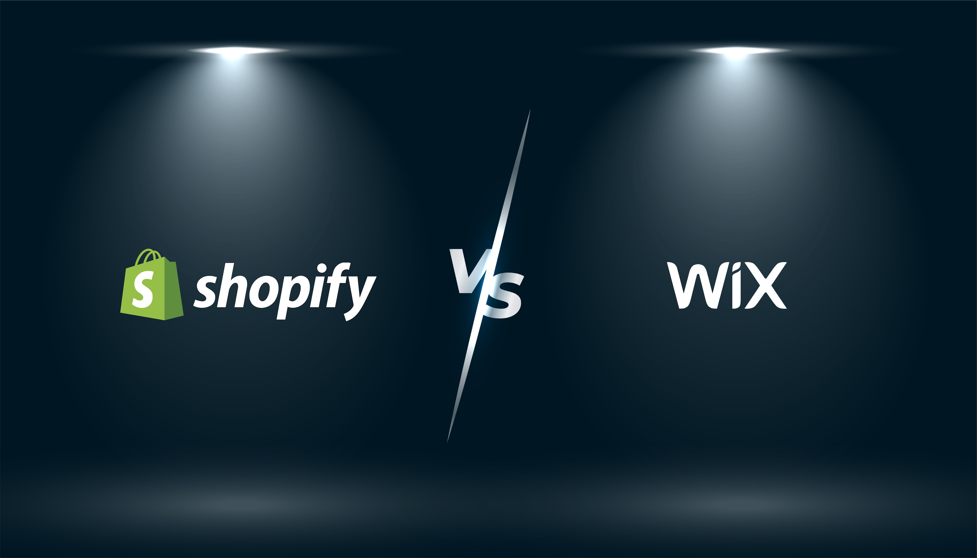 Dark background spotlighted on Shopify VS Wix with a VS emblem in the middle of the image and Shopify on the left and WIX on the right