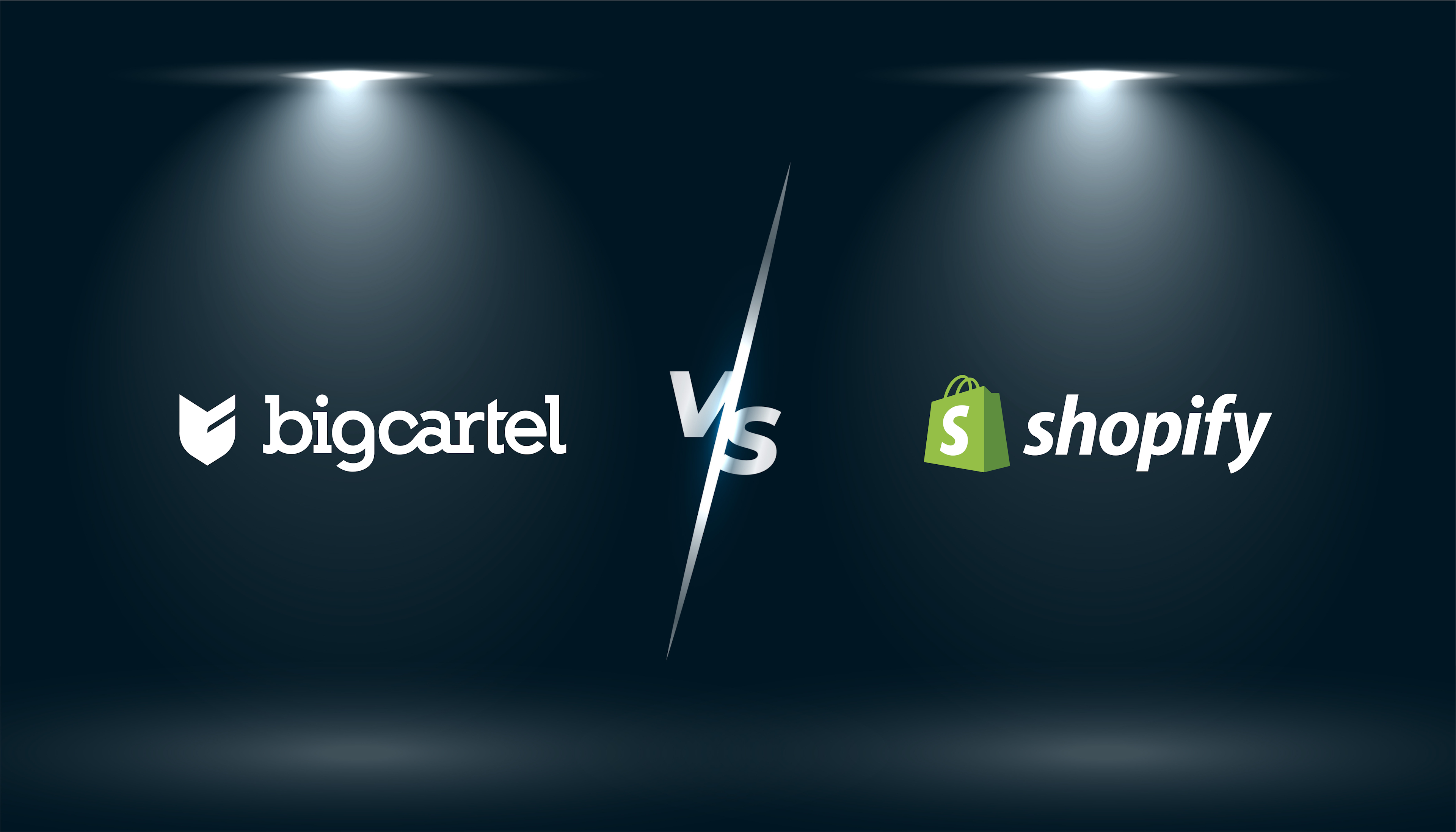 image that shows the comparison of the Bigcartel logo on the left side and the Shopify logo on the right side with a VS in the middle