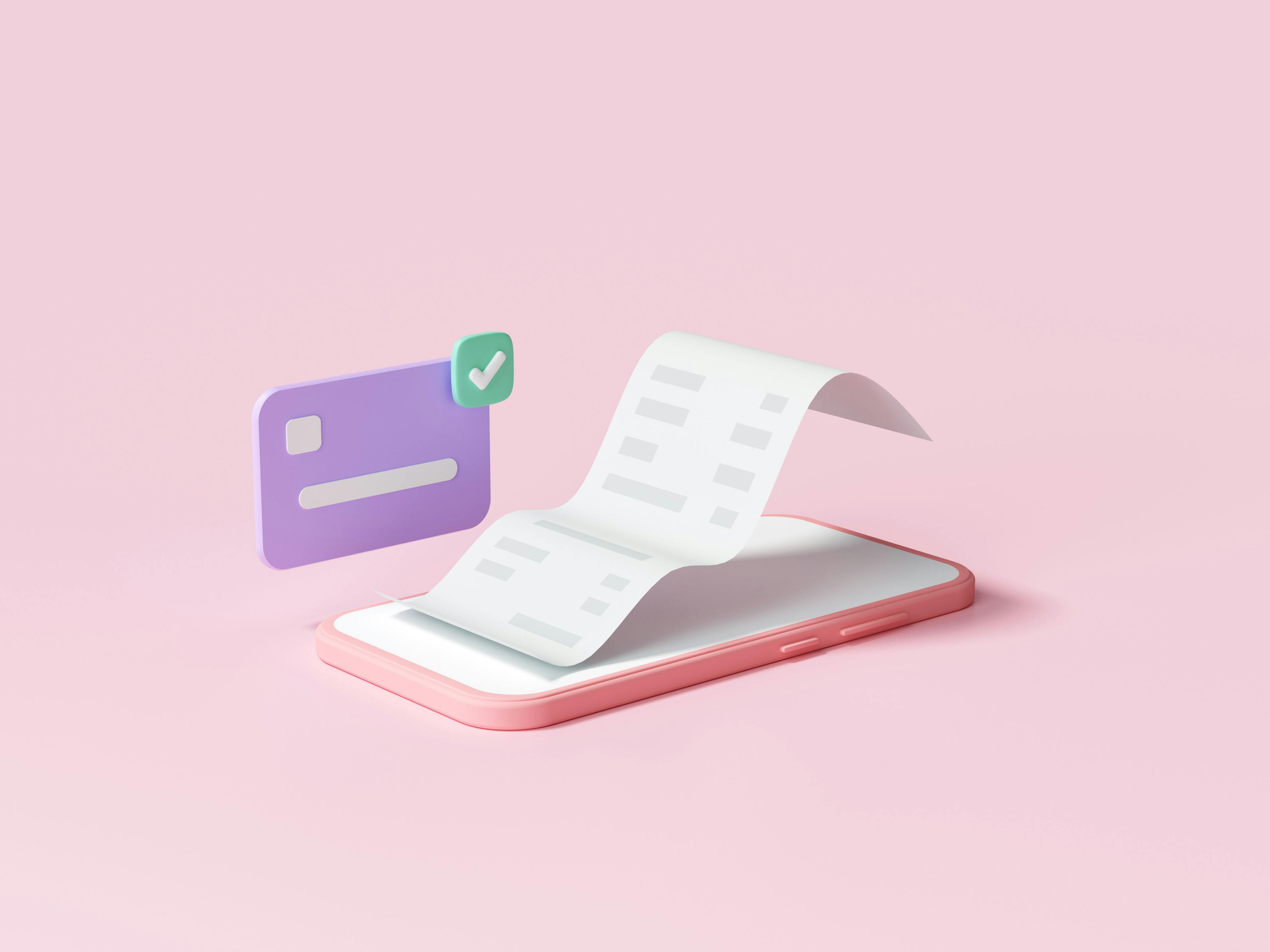 pastel pink background with a mobile phone and receipt and bank card to indicate that a payment was just made and is meant to depict payments with Shopify Payments
