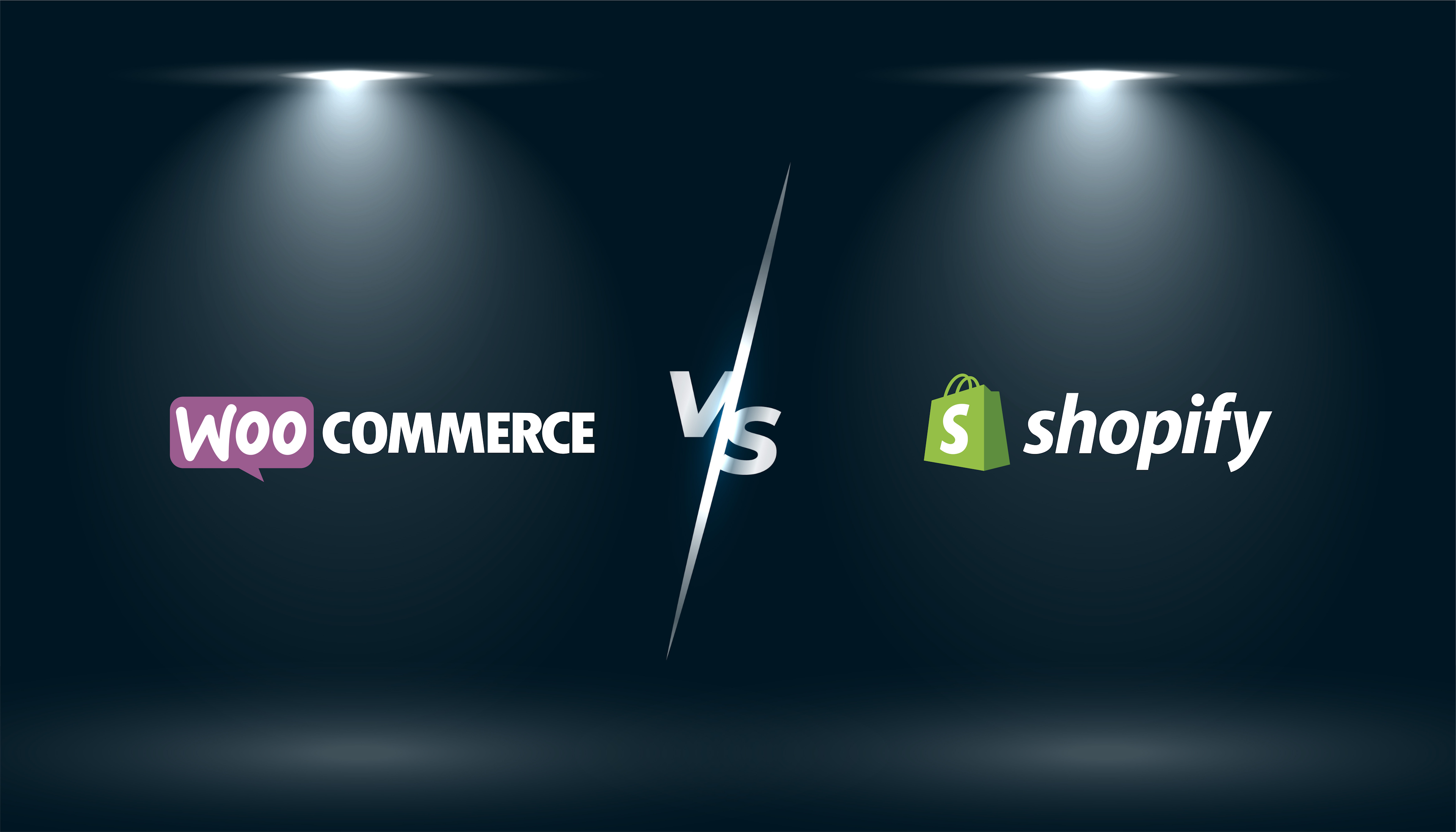 image that shows the comparison of the WooCommerce logo on the left side and the Shopify logo on the right side with a VS in the middle